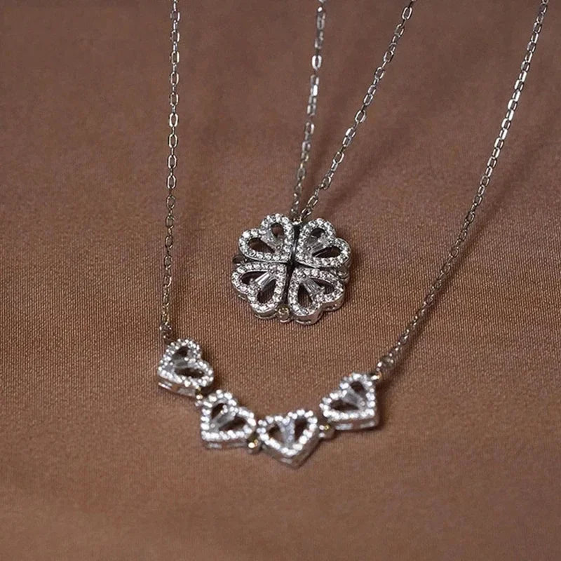 1/2PC Unique Heart Shaped Four Leaf Clover Pendant Necklace Silver Gold Jewelry Zircon Love Clavicle Chain Gifts Openable