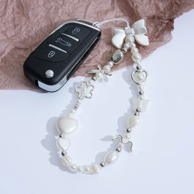 Korean Cute Ribbon Bow Love Heart Phone Chain Lanyard Charm Strap Bowknot Pendant For iPhone Samsung Phone Accessories Girl Gift