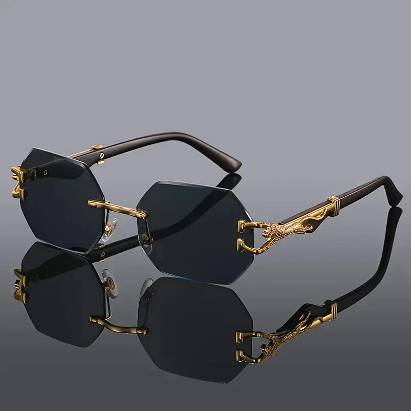 Vintage Rimless Polygonal Metal Frame Sunglasses with Leopard DesignTemples Unisex Outdoor Party Vacation Travel Driving Photo