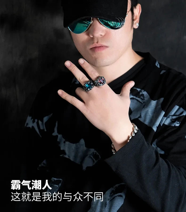 Gothic Blue and Red Crystal Evil Demon Dragon Claw Ring for Men Gram Biker Punk Rock Hip Hop Cool Jewelry Accessories