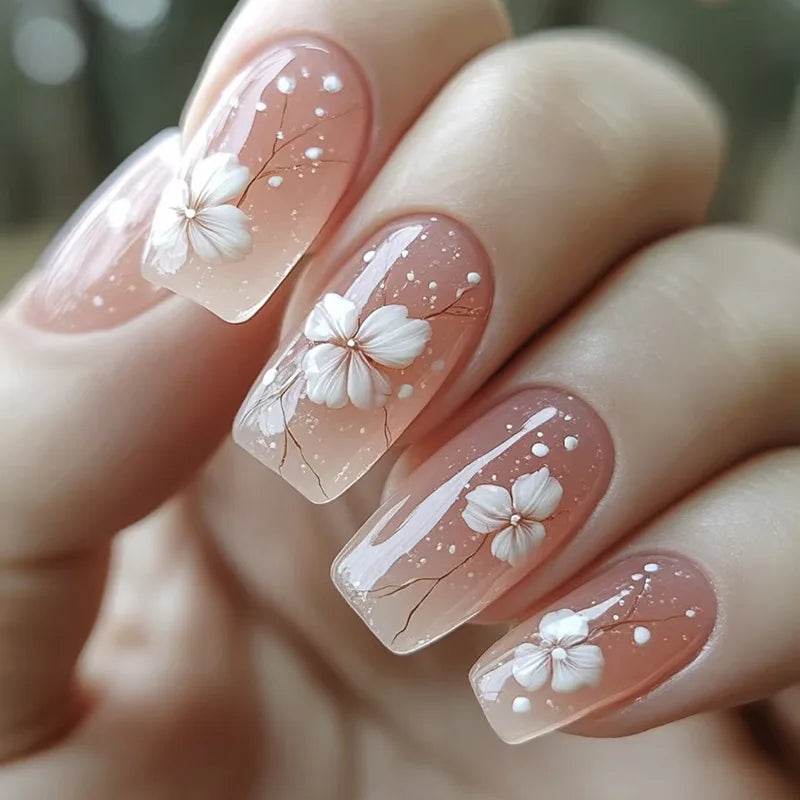 24Pcs Sweet Cool Coffin Fake Nails Butterfly Flower Acrylic Nail Glitter Glossy False Nail Full Cover Autumn Press on Nails Tips