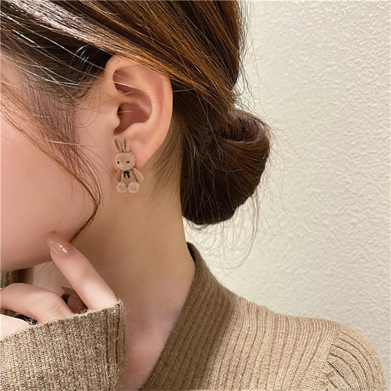 Cute Flocking Plush Rabbit Bear Stud Earrings Kawaii Brown Khaki Animal Earrings For Women Girls Korean Earring Jewelry