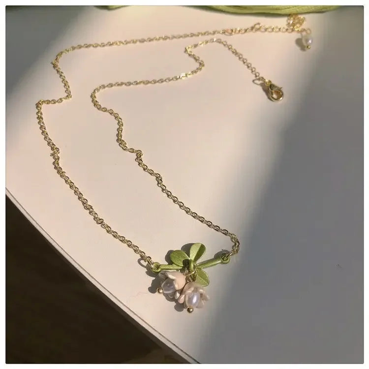 White Lily Of The Valley Bracelet Earrings Necklace Set Super Fairy Stud Earrings Girls Clavicle Chain Flower Jewelry Gifts