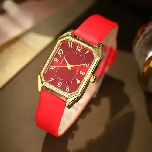 2024 New Leisure Fashion Leather Women's Business Square Quartz Watch Korean Rhinestone Jewelry Set Reloj Mujer Elegante