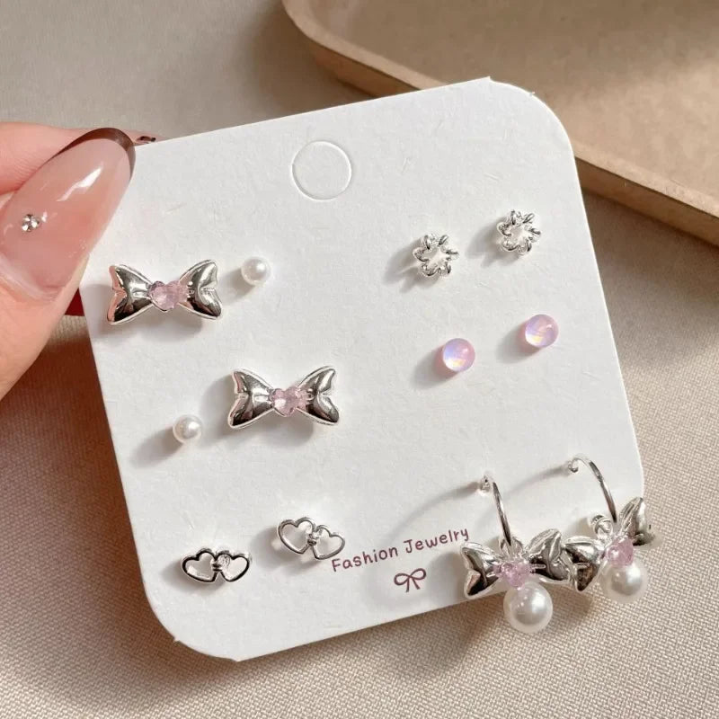 Cute 6/7Pair Set Butterfly Heart Stud Earrings for Women Girl Exquisite Party Dailywear Jewelry Birthday Gift Simple Accessories