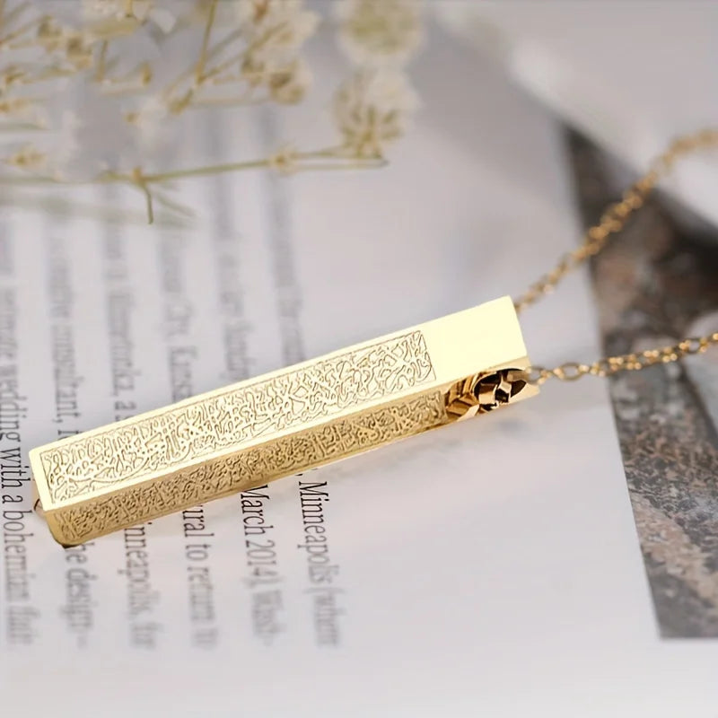 Stainless Steel Ayatul Kursi Cube Pendant Necklace Arabic Islamic Muslim Faith Religious Jewelry Ramadhan Gift for Women