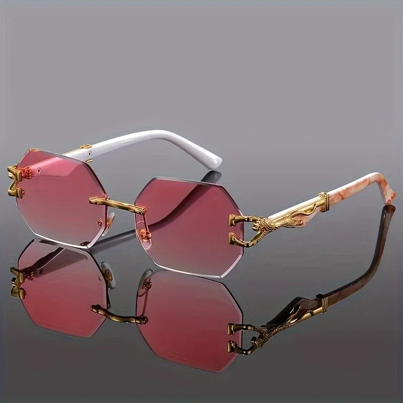 Vintage Rimless Polygonal Metal Frame Sunglasses with Leopard DesignTemples Unisex Outdoor Party Vacation Travel Driving Photo