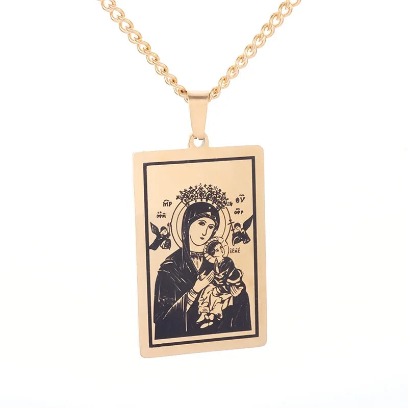 Beautiful Stainless Steel Catholic Virgin Mary Portrait Square Pendant Necklace for Men and Women Religious Catholic Jewelry