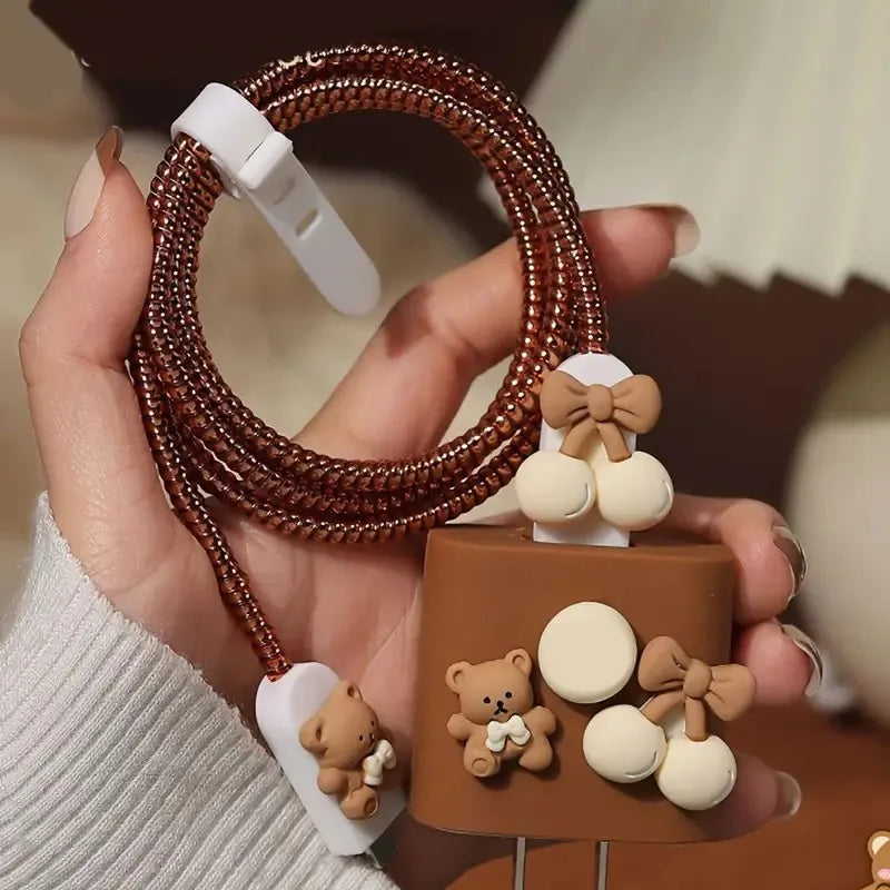 Charger Cable Protector For Iphone 15 14 13 18W 20W Charger Protector Cover Cartoon M Bear Protective Data Line Spiral Winder