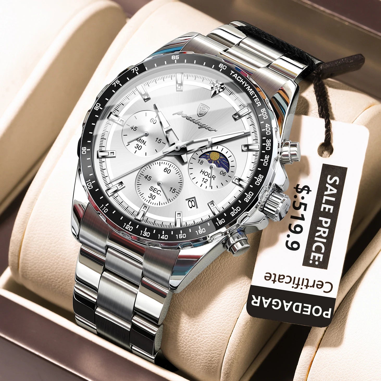 POEDAGAR Luxury Sport Watch For Men Waterproof Luminous Date Chronograph Man Wristwatch Stainless Steel Men's Quartz Watches+Box
