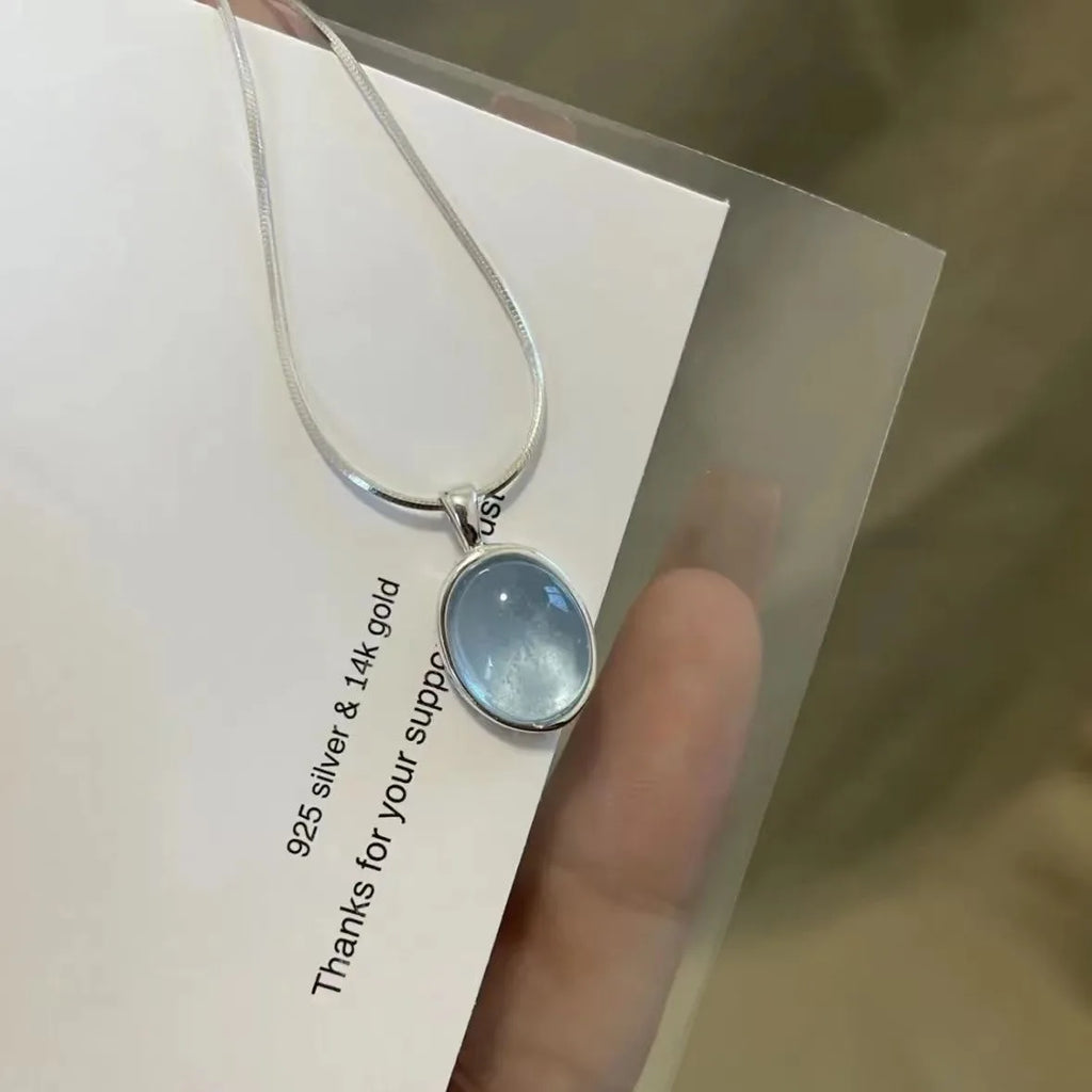 Simple Oval Aquamarine Moonstone Pendant Necklace for Women Girls Luxury Snake Chain Necklace Fashion Collar Jewelry Gifts