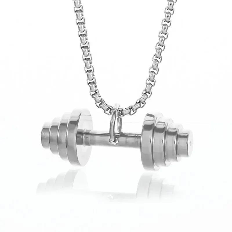 Cool Titanium Steel Dumbbell Pendant Necklace Barbell Fitness Pendant Men and Women Leisure Sports Punk Jewelry