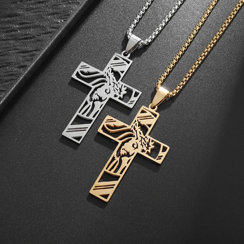 Catholic Jesus Cross Stainless Steel Pendant Necklace for Men Women Vintage Christian Prayer Jewelry