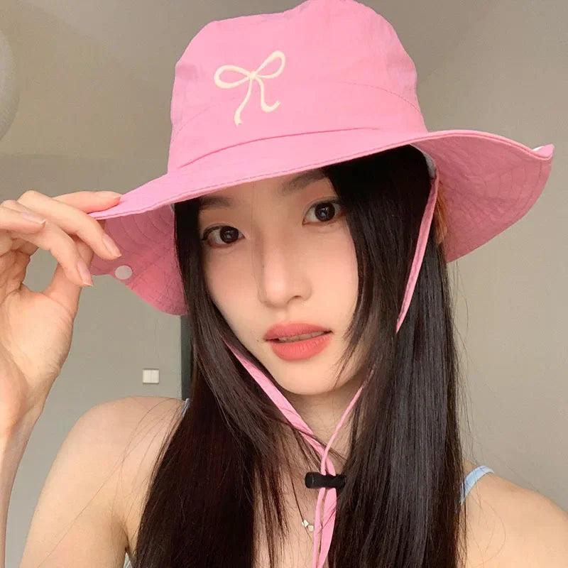 Fashion Bow Embroidery Quick Dry Bucket Hat Summer Hiking Camping Caps Wide Brim Fordable Sunscreen Y2K Hats Girl Women