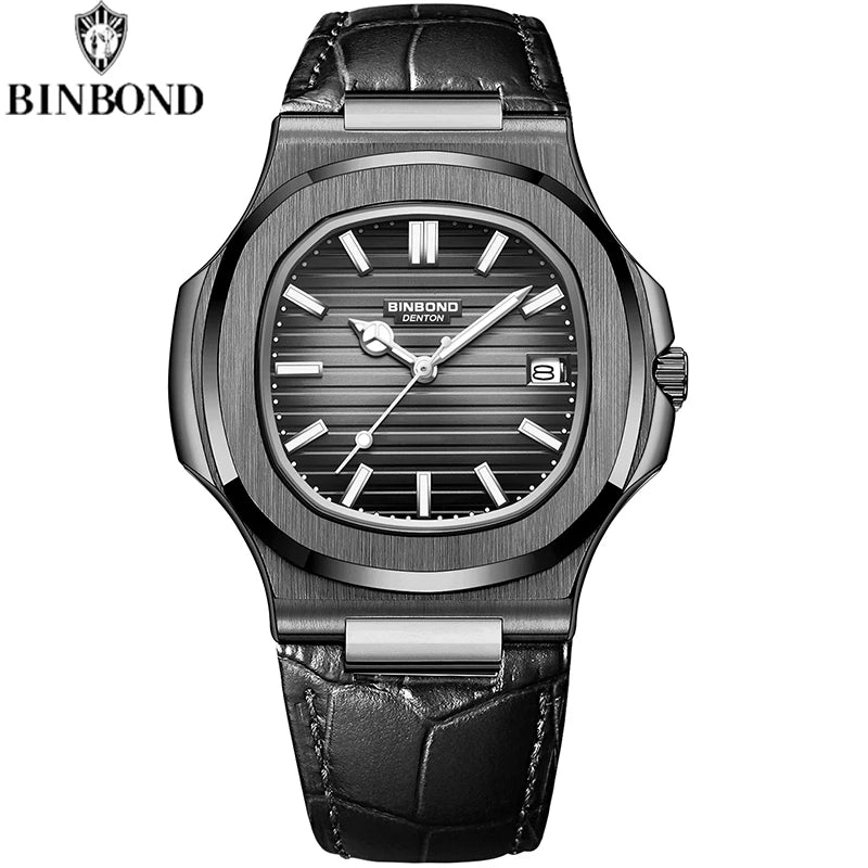 BINBOND Top Luxury Square Man Watch Date Waterproof Luminous Watch High Quality Leather Quartz Men's Watches Relogio Masculino
