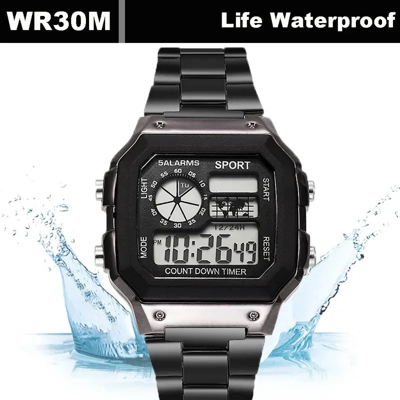 Luxury Stainless Steel Strap Sport Watches Men Practical Digital Watches Waterproof Clock LED Men's Sport Wristwatch