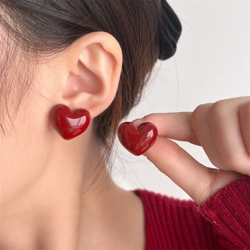Vintage Cute Red Love Heart Stud Earrings for Women 2024 Korean Fashion Charm Wedding Bride Jewelry Accessories Anniversary Gift