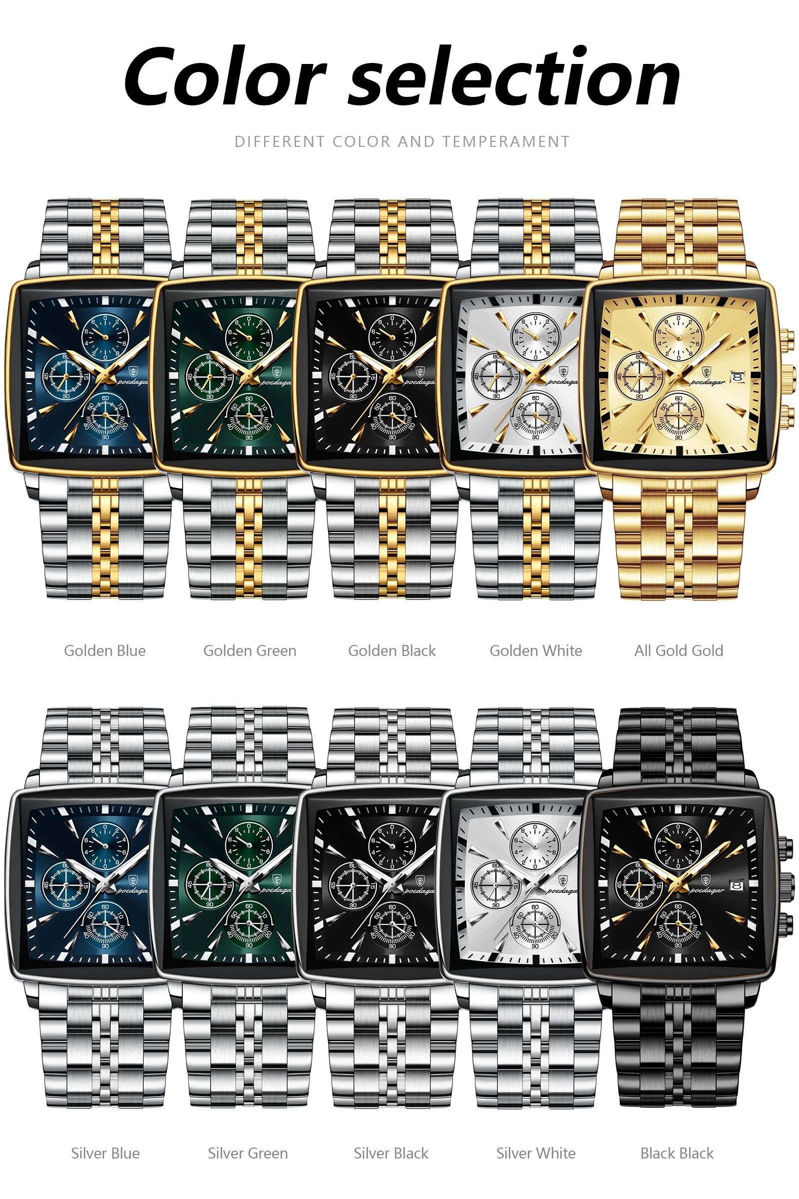 POEDAGAR Square Men Watch Waterproof Luminous Chronograph Calendar Man Wristwatch Stainless Steel Quartz Men's Watches+Box Reloj