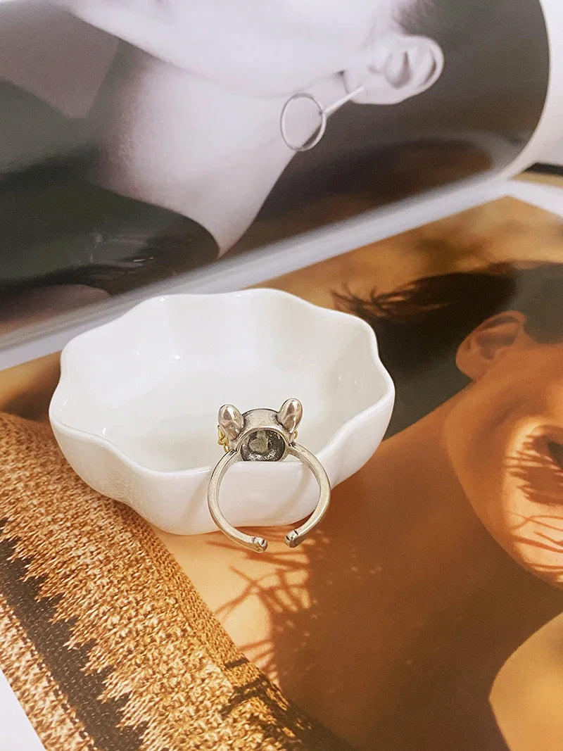 Cute Dog with Sunglasses Ring Punk French Bulldog Wearing Chain Glasses Open Finger Ring Jewelry Cool Decoration for Men Women