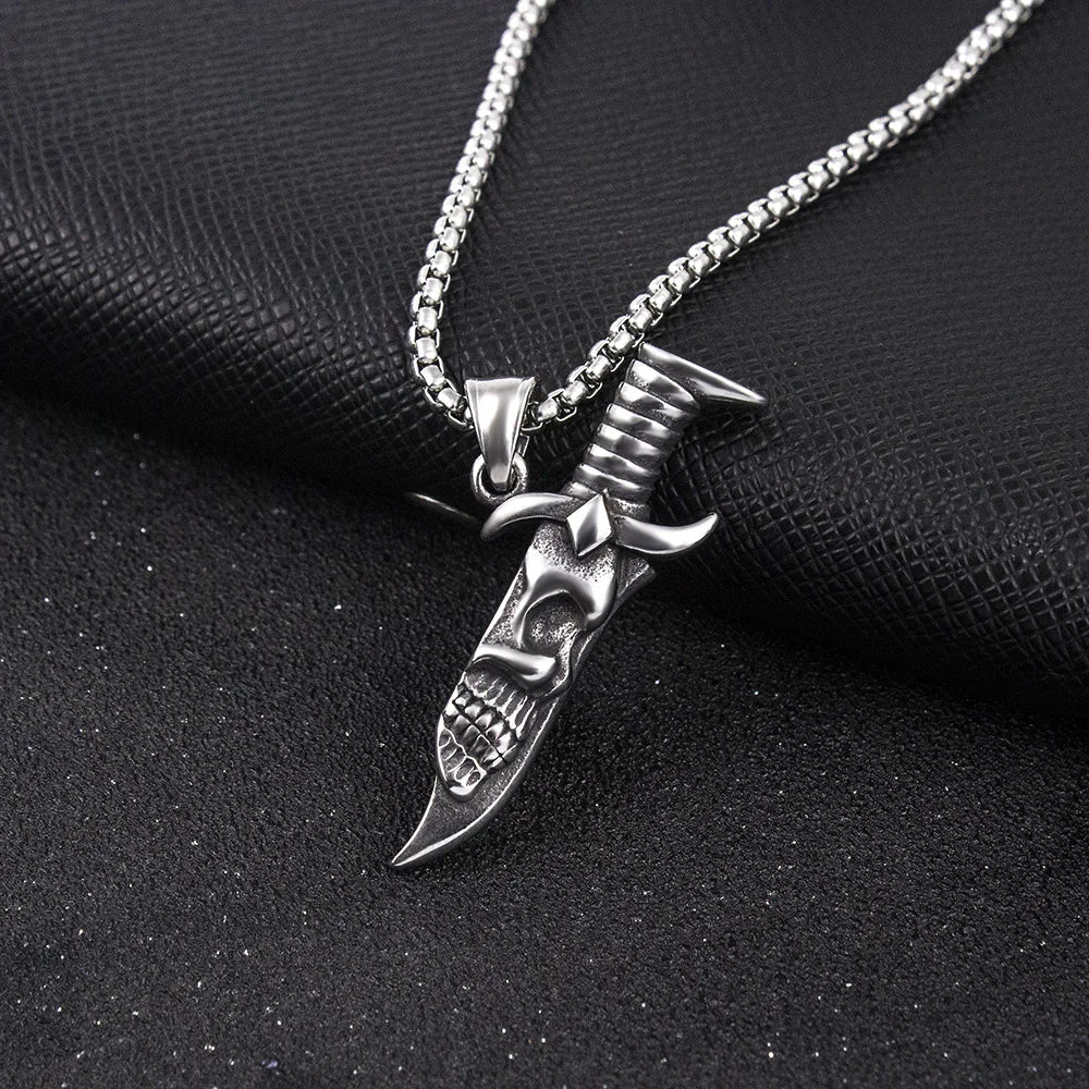Men's Necklace Stainless Steel Dagger Skull Pendant Vintage hip-hop Jewelry Silver Color Male Neck Chain Punk Jewelry Wholesale