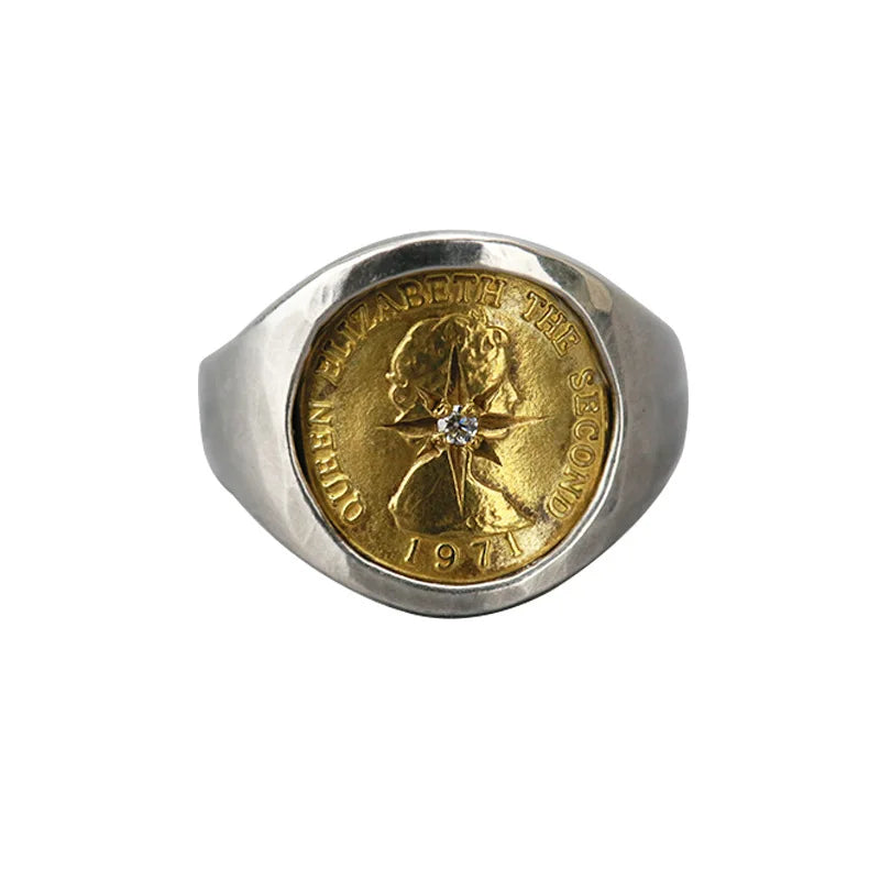 Creative Handmade Coin Open Ring Fashion Trend Elizabeth Brass Coin Adjustable Ring Women Jewelry Gift
