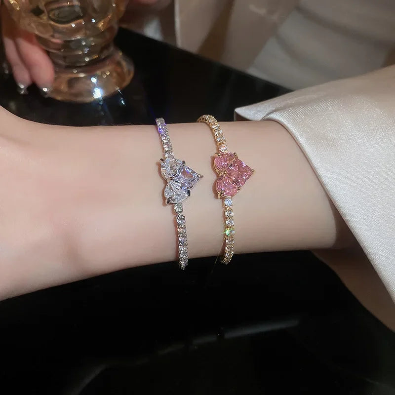 Inlaid Square Zircon Rhinestone Chain Bracelet For Women White Pink Love Heart Bracelets Bangles Wristband Jewelry Gift For Girl