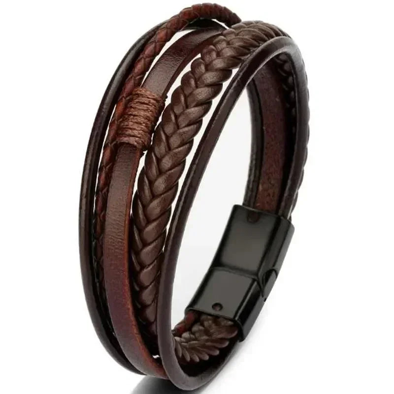 Classic Vintage Magnetic Buckle X Pendant Black Leather Bracelet, Suitable for Men\\\\\\'s Fashion Casual Rock Jewelry