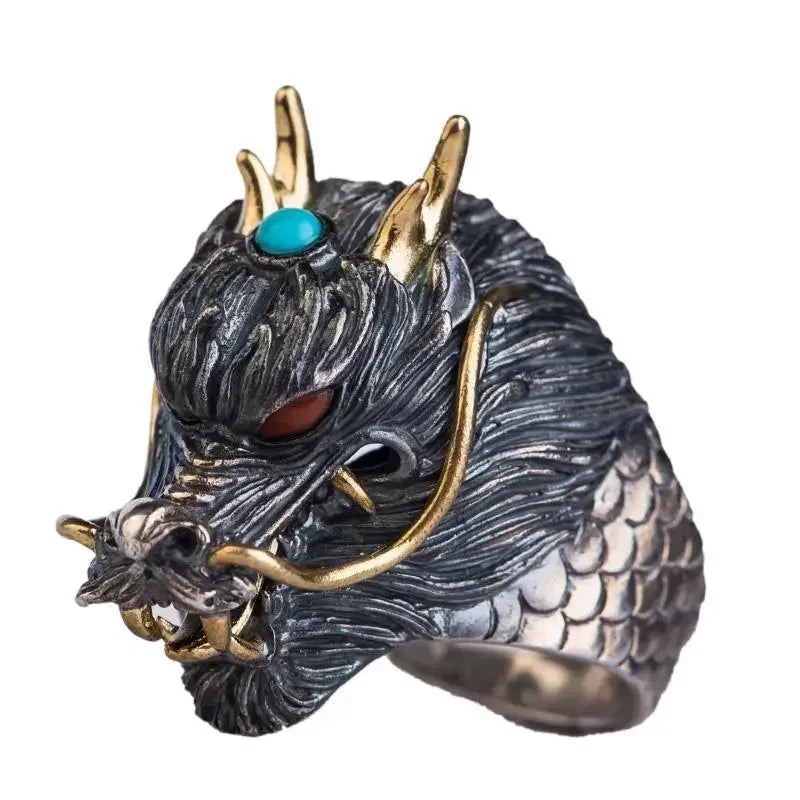 Vintage Ethnic Evil Dragon Head Ring Men\\\'s Gothic Open Ring Male Cool Trend Jewelry