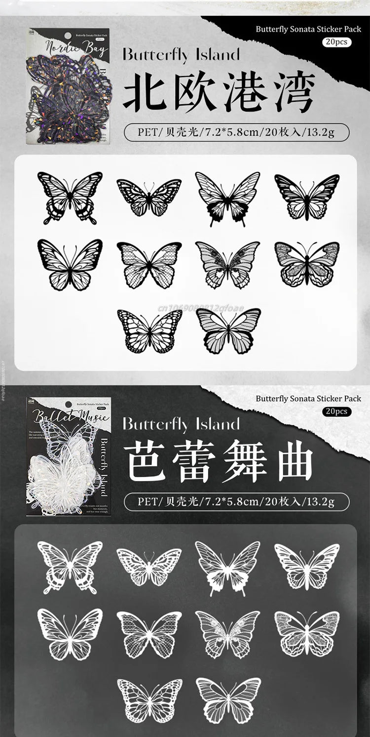 20pcs PET Butterfly Transparent Silver Color Stickers, Holographic Laser Decals for Luggage Laptop Phone Case Mug Decoration