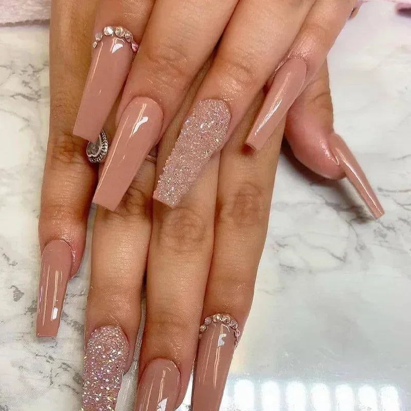 24Pcs Long Coffin Press on Nail Autumn Winter False Nails Glitter Diamond Stick on Nails French Ombre Full Cover Ballet Nail Art