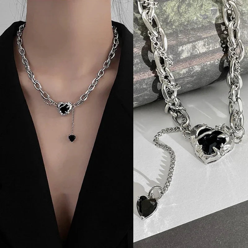 Hip Hop Black Crystal Love Heart Charms Pendant Necklace for Women Punk Rock Long Chain Tassels Choker Necklace Trend Jewelry