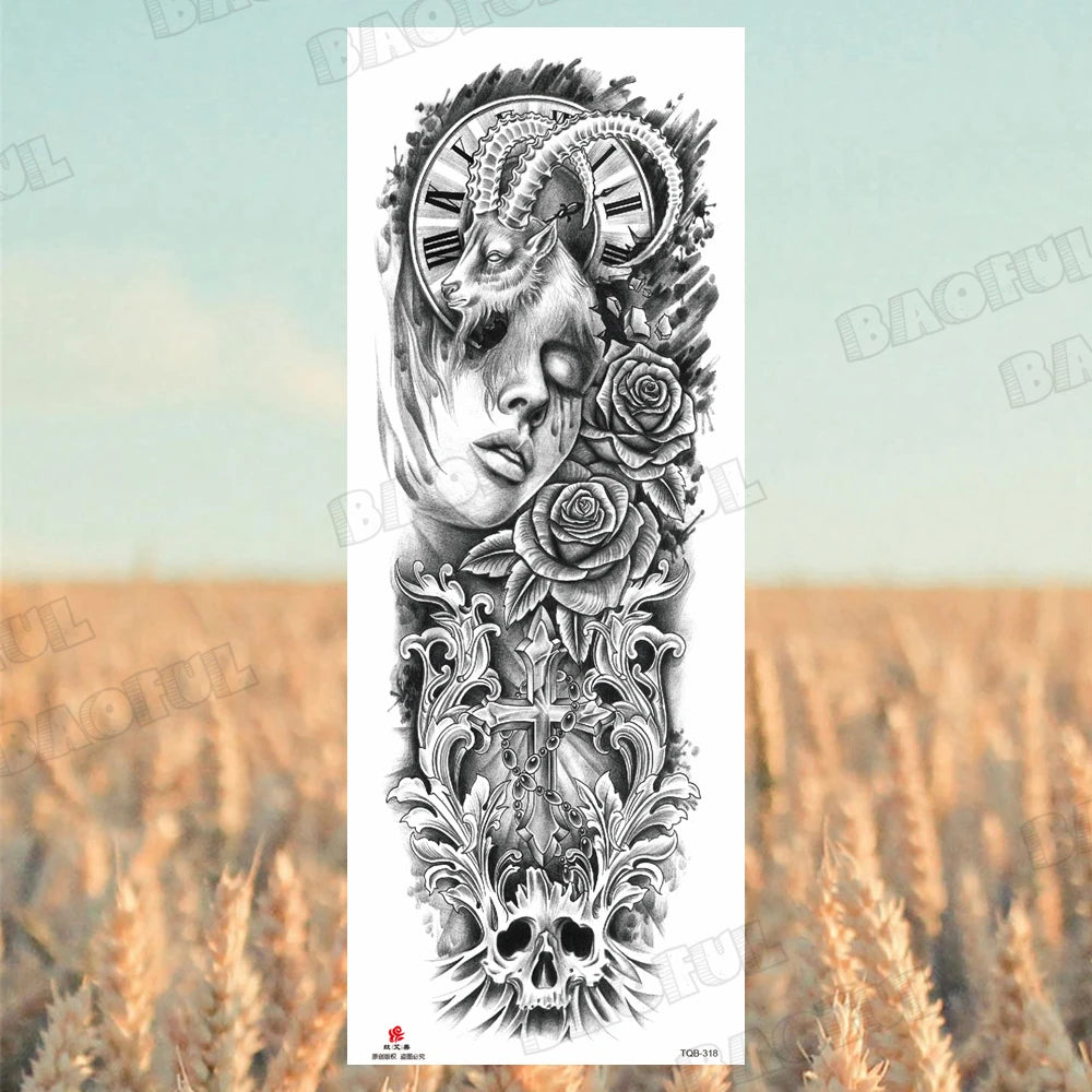 Arm Sleeve Temporary Tattoos For Women Men Realistic Wolf Lion Rosette War Maori Flower Fake Tattoo Stickers Sexy Thigh Tatoos