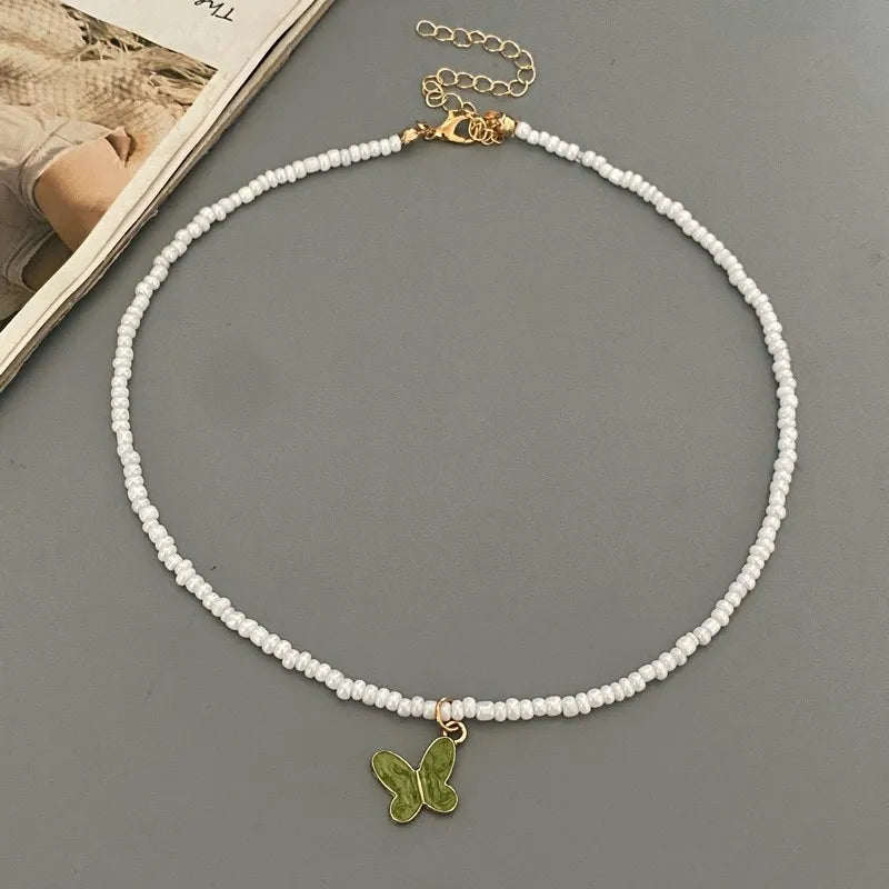 New Fashion Butterfly Pendnat Necklace Small Seed Beads Gift  Choker Necklace White Color Neck Jewlery