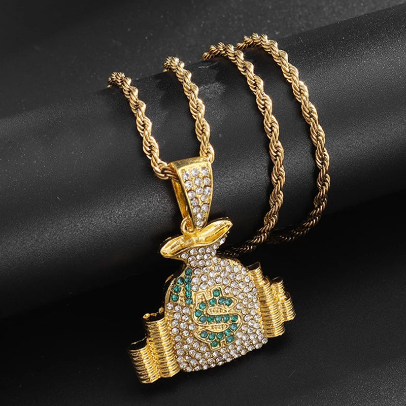 Money Bag Pendant Necklace With Rope Chain Gold Color Hip Hop Punk Bling Iced Out Zircon Cool Men's Rock Biker Neck Jewelry Gift