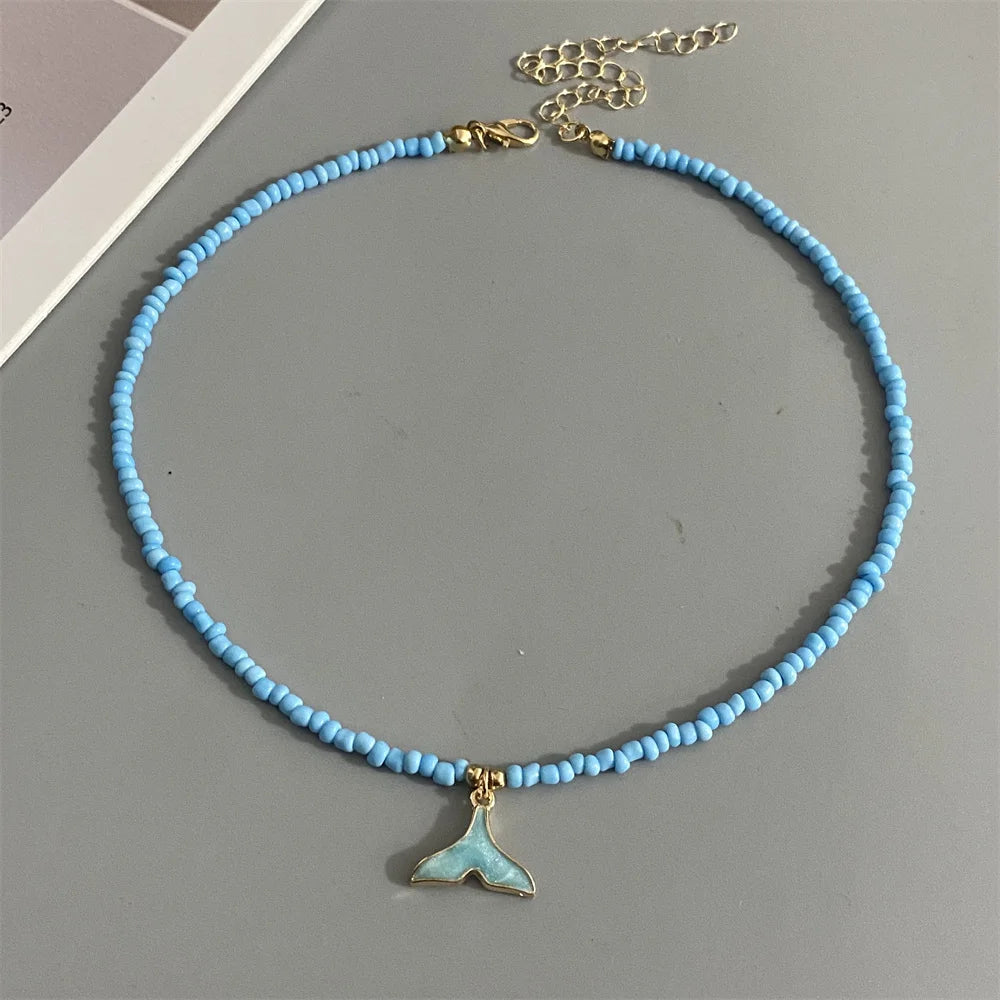 Whail Tail Pendant Necklace Colorful Seed Beads Women Choker Necklace Blue Black Red White Trendy Neck Jewelry Gift for Friend