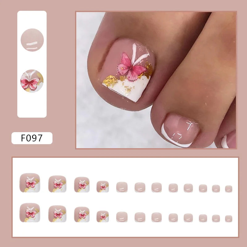 White French Press on Nails Fake Nails Tips with Sticker False Toenail Design Butterfly Lovely Girl False toenaile 1