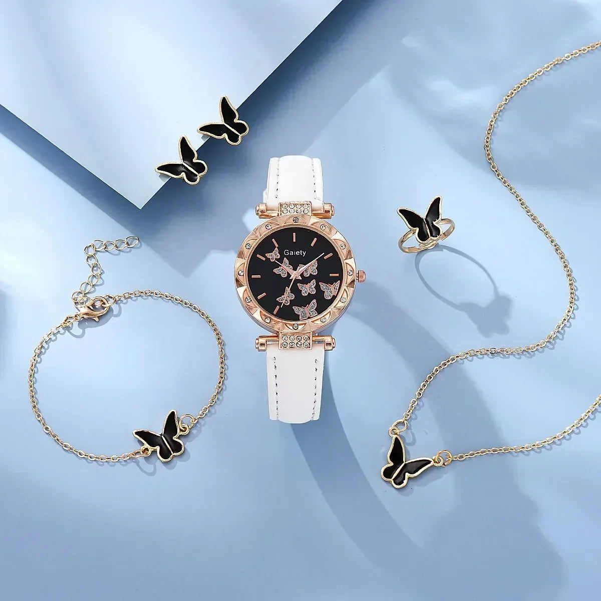 1/6PCS Set Luxury Watch Women Ring Necklace Earrings Rhinestone Fashion Wristwatch Ladies Casual Watches Bracelet Set Clock