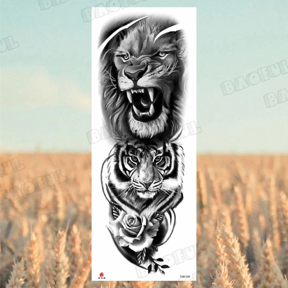 Arm Sleeve Temporary Tattoos For Women Men Realistic Wolf Lion Rosette War Maori Flower Fake Tattoo Stickers Sexy Thigh Tatoos