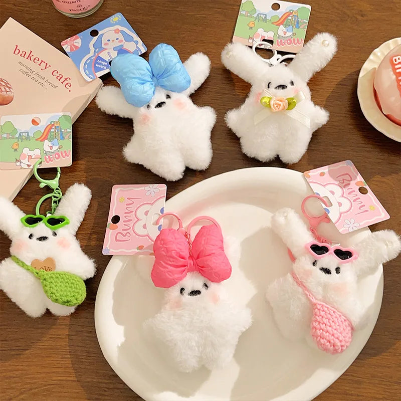 1Pc Kawaii Rabbit Plush Keyring Ornament Lovely Plush Animal Bowknot Keychain for Women Girls Versatile Bag Charm Pendant Gifts