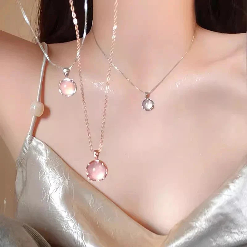 Korean Fashion Colorful Crystal Round Pendant Silver Color Chain Neck Necklace for Women Sweet Wedding Aesthetic Charm Jewelry