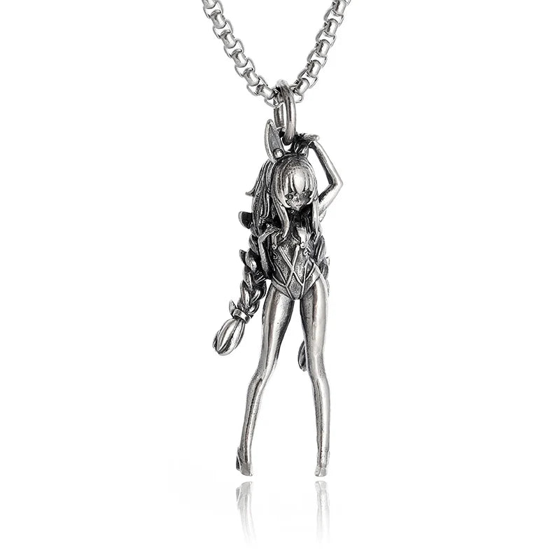 Silver-Plated Anime Mecha Beautiful Girl Girl Pendant Necklace Men and Women Hip-Hop Rock Punk Trendy Jewelry Gift