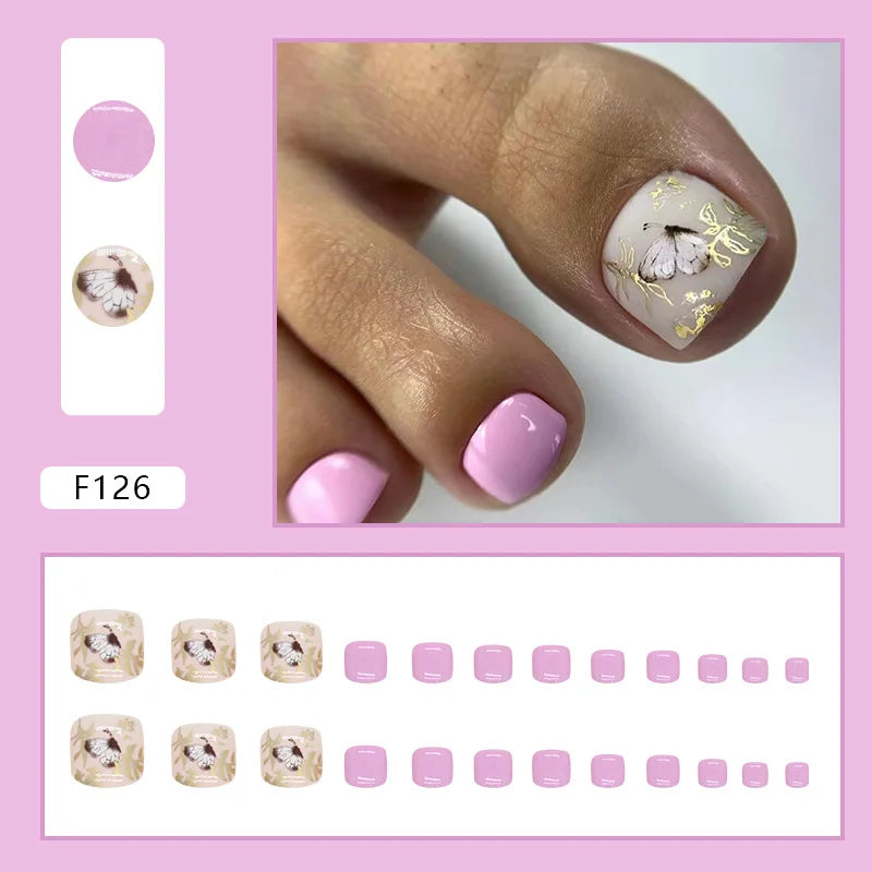 White French Press on Nails Fake Nails Tips with Sticker False Toenail Design Butterfly Lovely Girl False toenaile 1