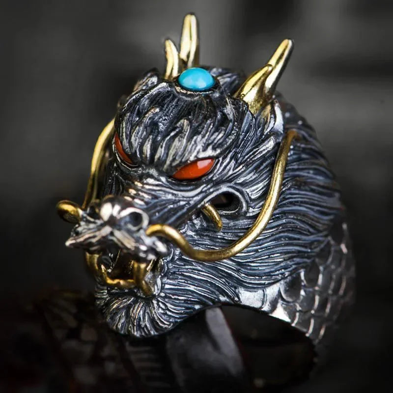 Retro Domineering Ethnic Style Fire-Breathing Dragon Ring Men\\'s Charm Open Ring Punk Motorcycle Rider Jewelry Accessories