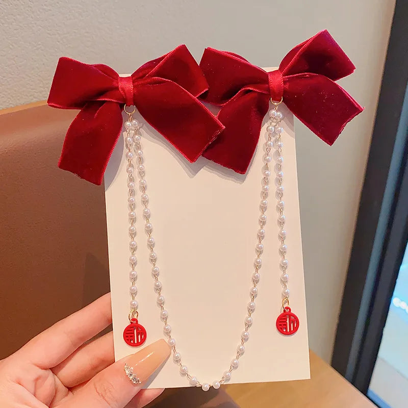 Sweet Princess Style Pink Pearls Chain Bow Hair Clip Women Children's Cute Back Head Hairpins Hair Clips Girls Hair Accessories