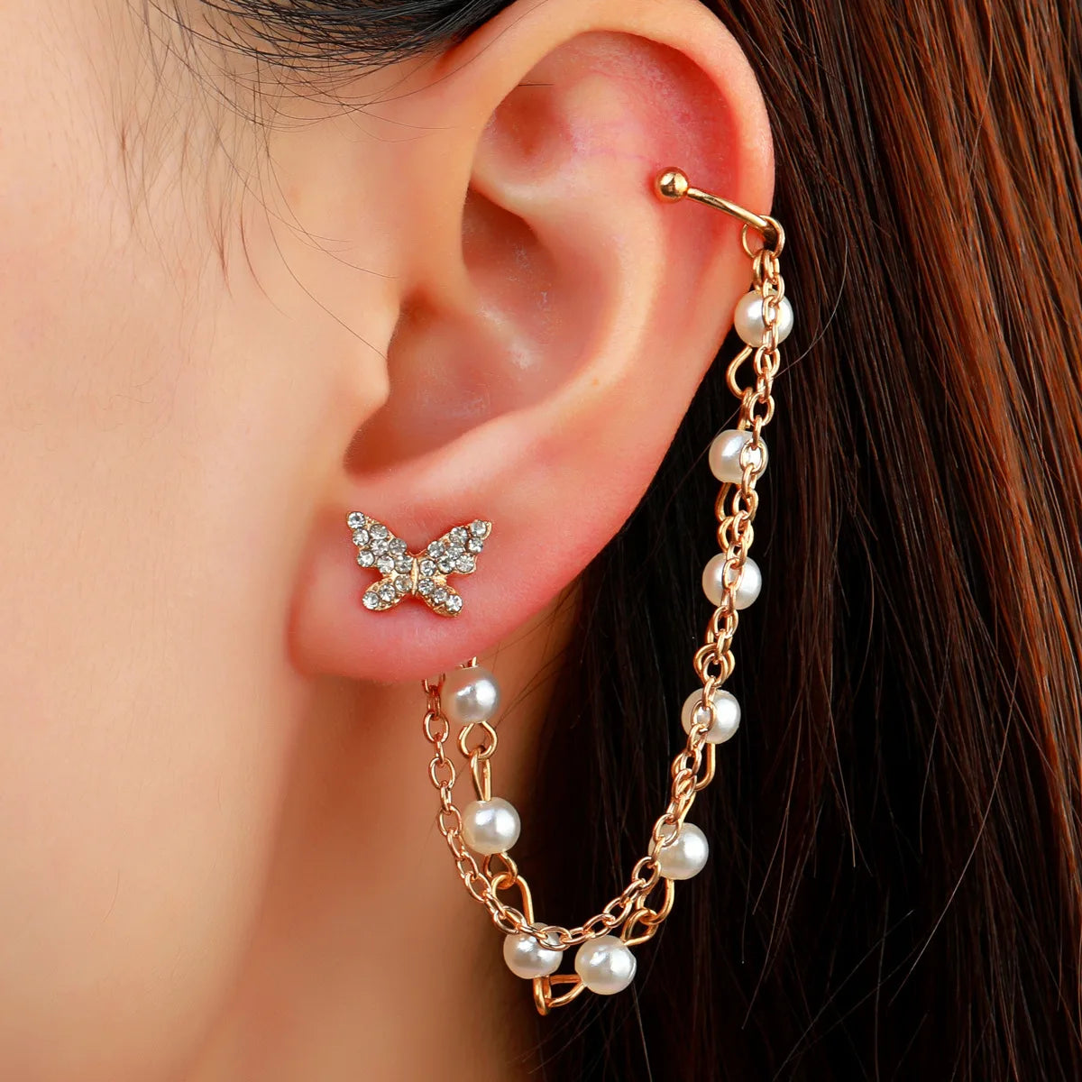 Korean Rhinestone Butterfly Stud Earrings For Women Girls Cute Fashion Metal Cuff Chain Tassel Boucle D'oreille Jewelry