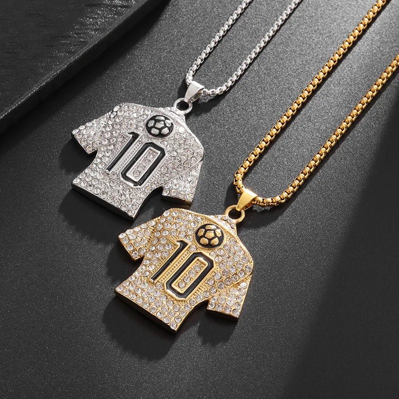 Full Zircon Pendant Necklace Hip Hop Cool Mumber 10 Super Soccer Star Fan Stainless Steel Clavicle Charming Jewelry Men Necklace