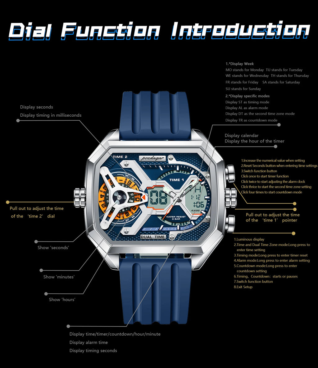 POEDAGAR Top Luxury Men Clock LED Calendar Week Luminous Man Wristwatch Electronic Rectangle Silicone Strap Quartz Men's Watches