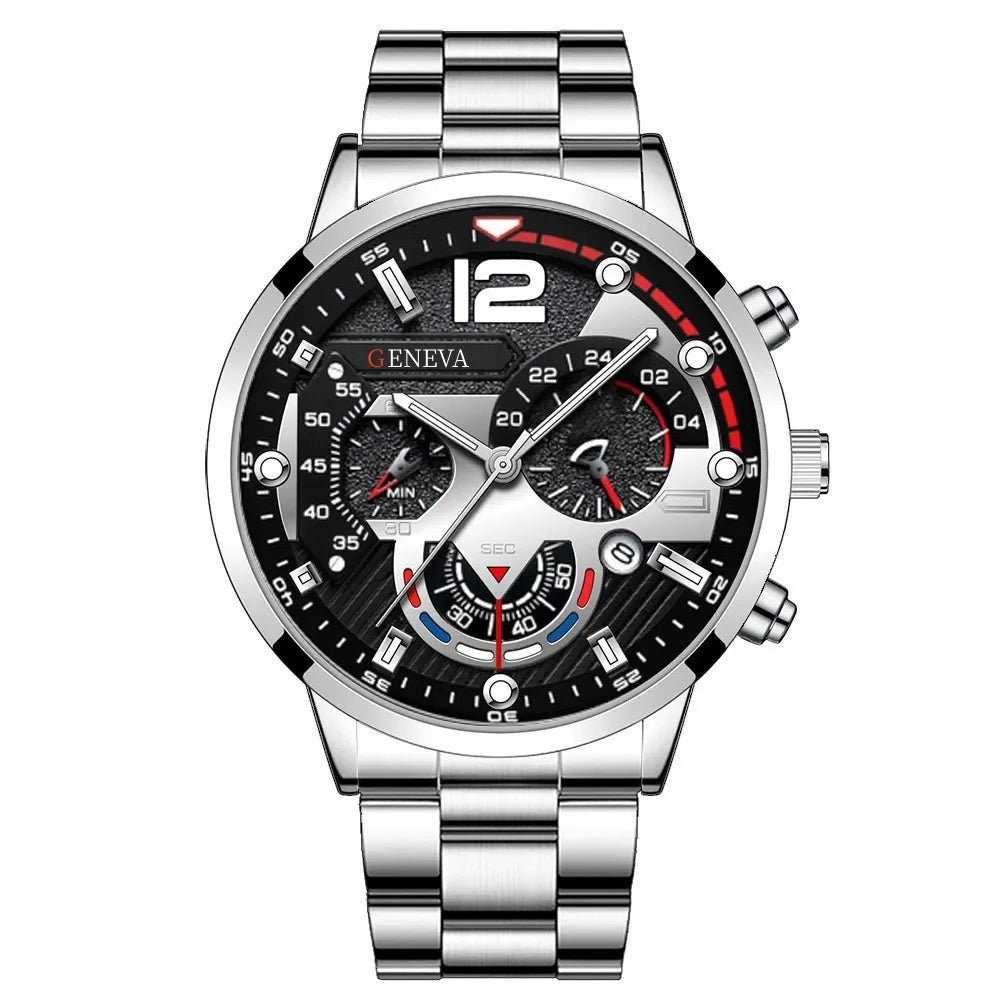 Luxury Men Business Quartz Watches 4pcs Set Gold Alloy Roman with Calendar Wrist Watch Cross Necklace Bracelet Ring Set Men Gift