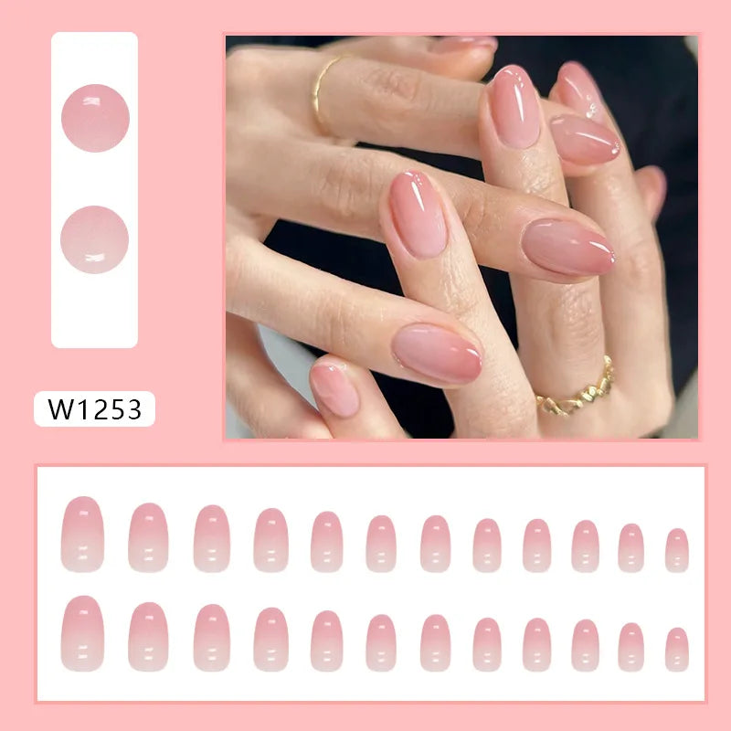 Sweet French 24 Pcs Press on Nails Pink Gradient Fake Nails Glossy Artificial Finger Manicure Reusable False Nails for Women