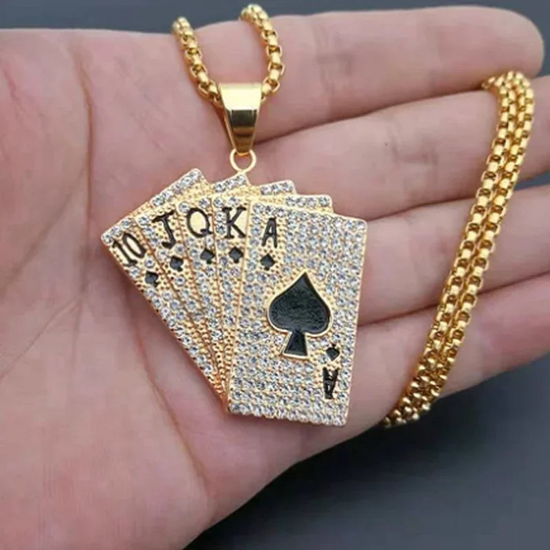 Hip-Hop Iced Out Spades Playing Card Necklace Men\'s Personalized Street Hip-Hop Rock Trend Jewelry Cool Luck Necklace